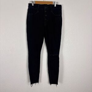 Mother Indigo Blue Button Fly High Rise Ankle Skinny Jeans Slit Knee Raw Hem 30